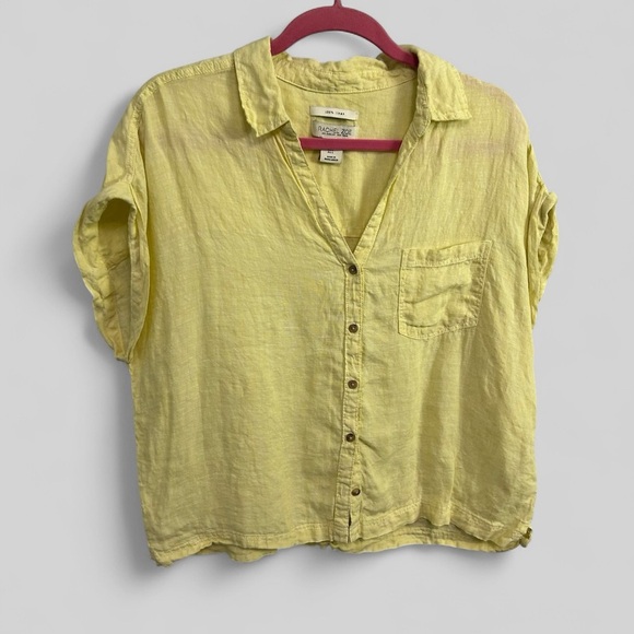 Rachel Zoe all linen yellow coastal button down preppy top large v neck - Picture 1 of 9